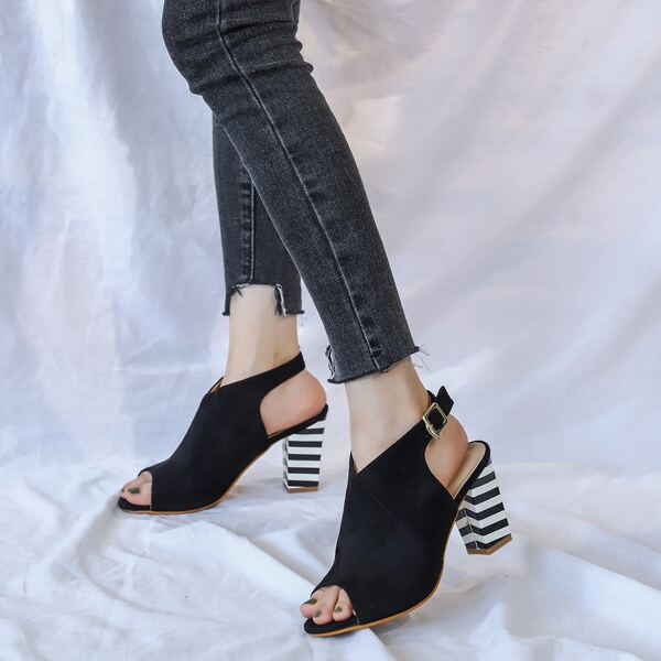 Peep Toe Slingback Chunky Heels, Black