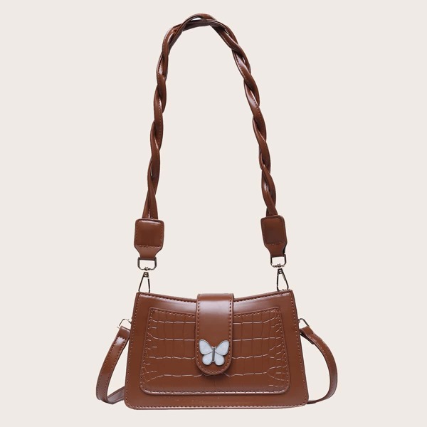 Butterfly Decor Croc Embossed Shoulder Bag, Brown