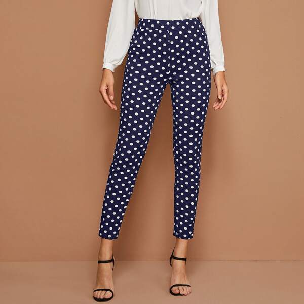 Elastic Waist Polka Dot Pants, Navy blue