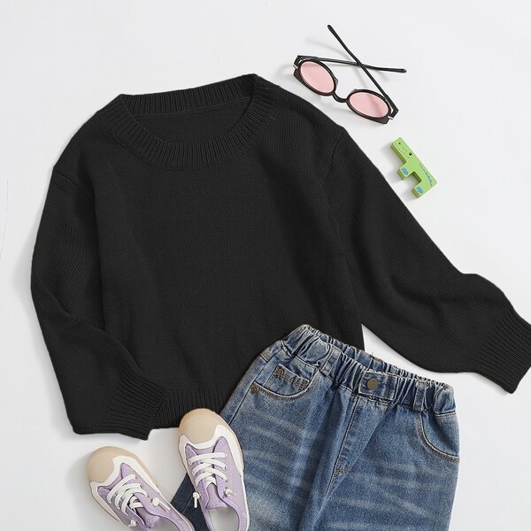 Girls Round Neck Solid Sweater, Black