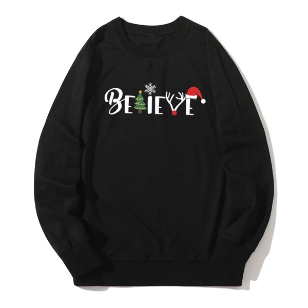 Men Letter And Christmas Print Sweatshirt, Black 
Men Letter And Christmas Print Sweatshirt, Black