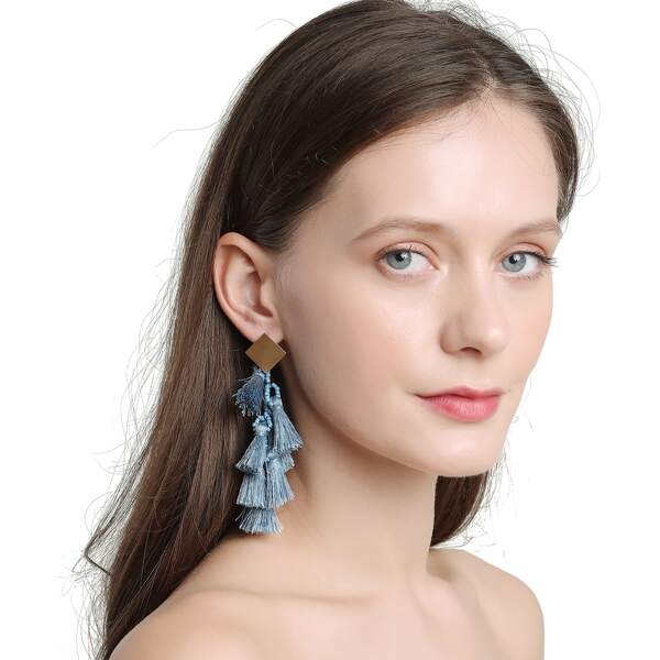 Tiered Tassel Drop Earrings, Blue