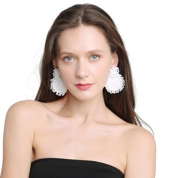 Beaded Round Earrings, White