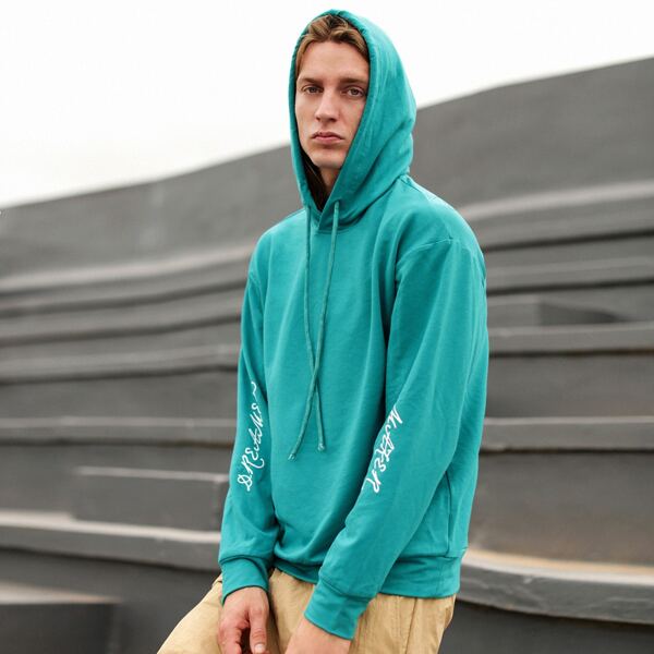 Men Letter Graphic Drawstring Hoodie, Blue