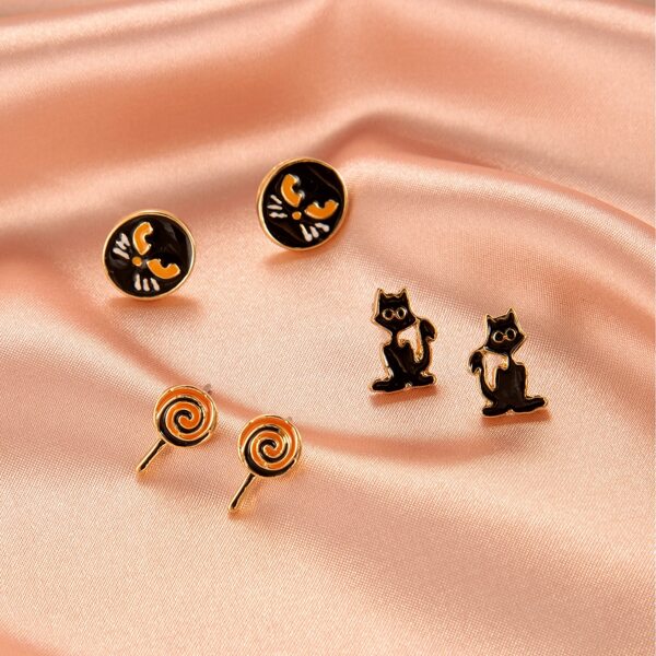 3pairs Halloween Cat Design Stud Earrings, Black