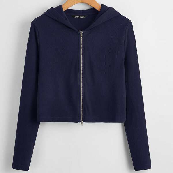 Solid Zip Up Hooded Jacket, Navy blue