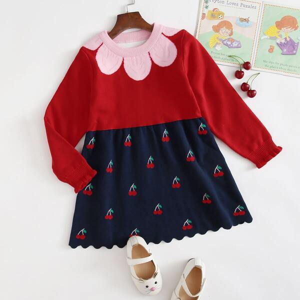 Toddler Girls Two Tone Cherry Pattern Sweater Dress, Multicolor