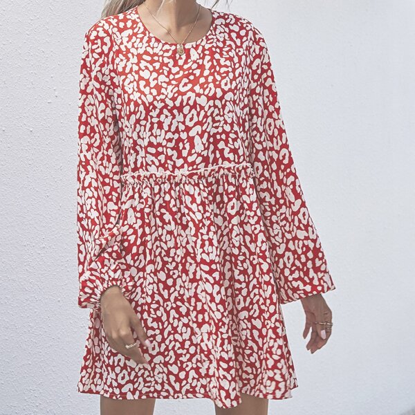 Bishop Sleeve Allover Print Babydoll Dress, Red and white