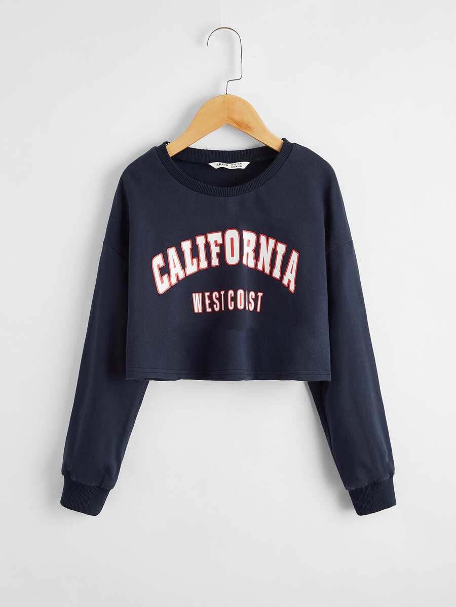 SHEIN Girls Drop Shoulder Letter Graphic Crop Pullover