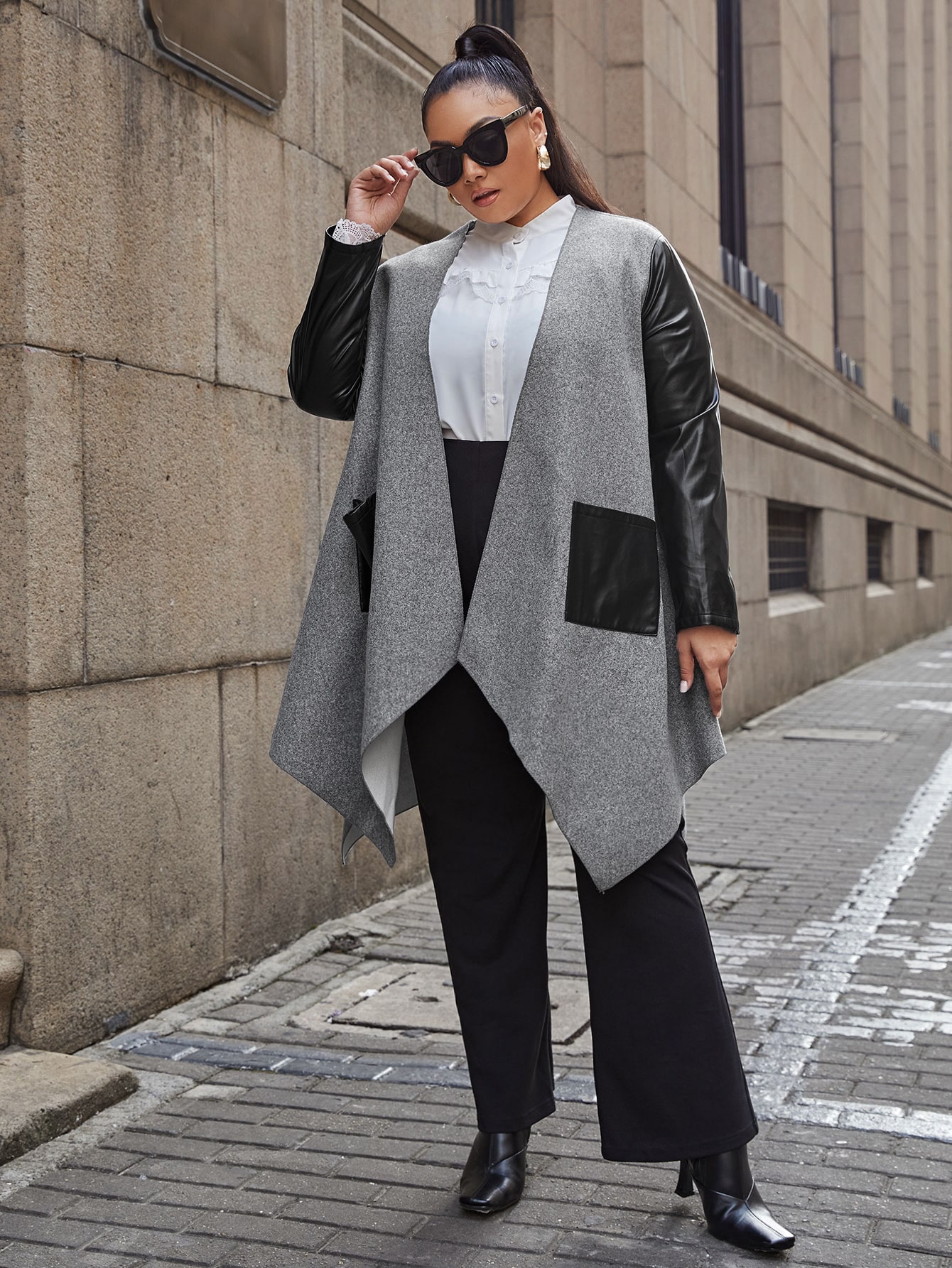 Plus PU Panel Patch Pocket Hanky Hem Coat