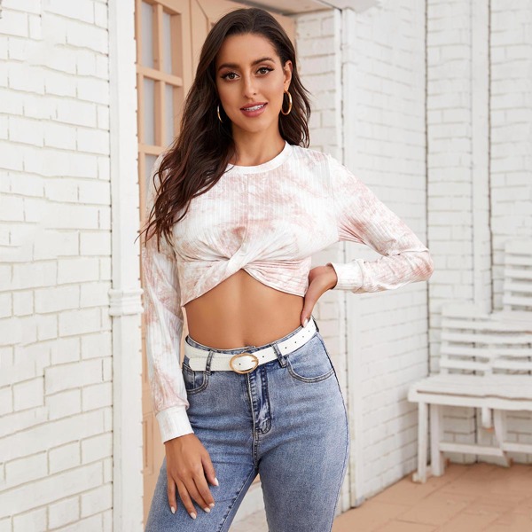 Tie Dye Twist Front Crop Tee, Multicolor
