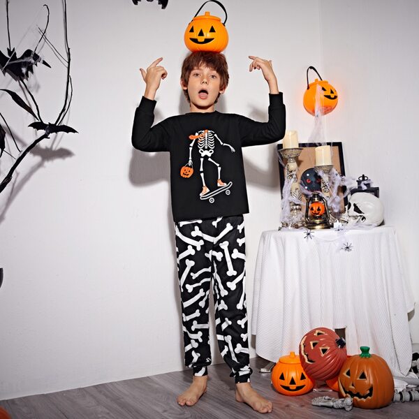 Boys Skull Print Top & Pants PJ Set, Black