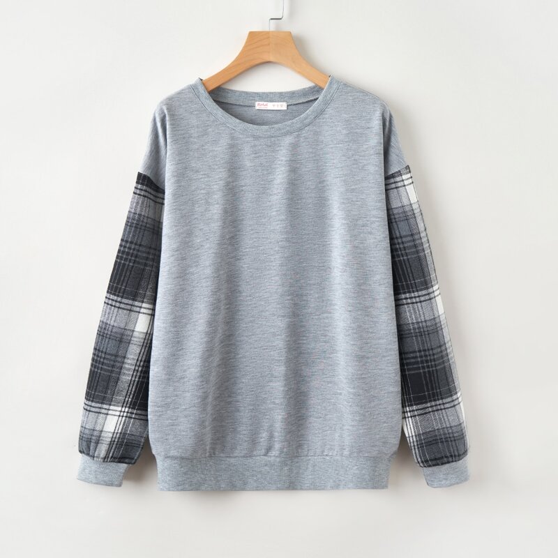 Contrast Plaid Sweatshirt, Grey 
Contrast Plaid Sweatshirt, Grey