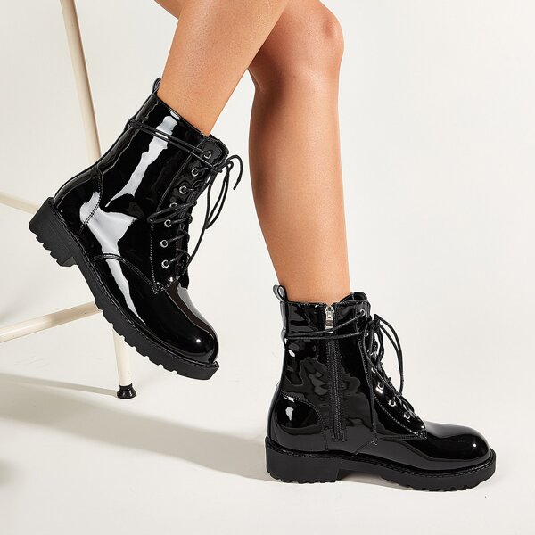 Lace-up Front Patent Combat Boots, Black