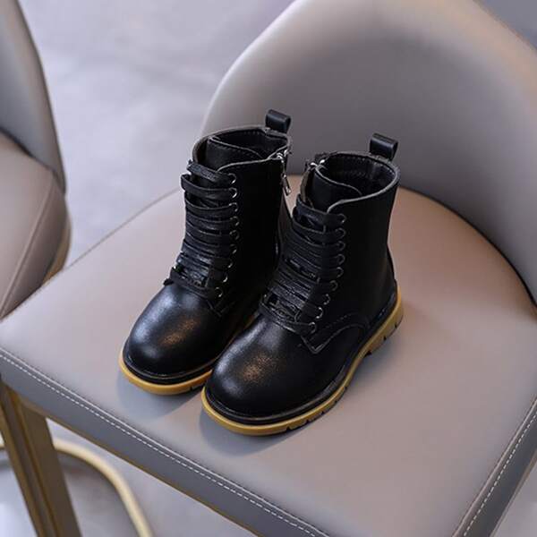 Girls Side Zipper Combat Boots, Black
