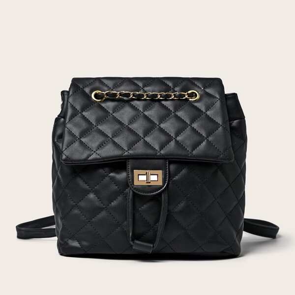 Quilted Turn-Lock Flap Backpack, Black