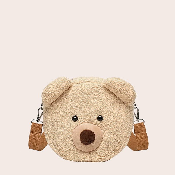 Cartoon Bear Design Fluffy Crossbody Bag, Khaki