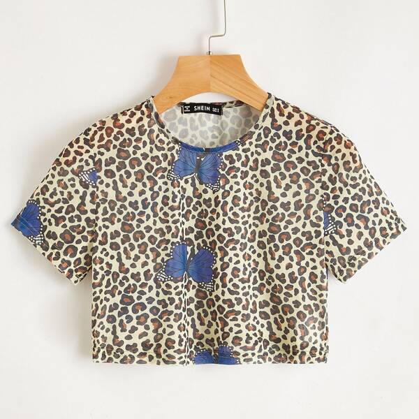 Butterfly & Leopard Sheer Crop Top, Multicolor