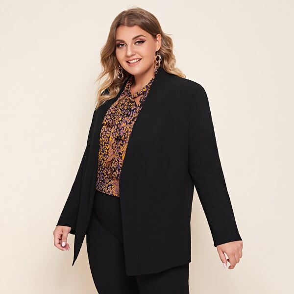 Plus Open Front Solid Blazer, Black