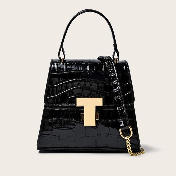 Metal Decor Croc Embossed Satchel Bag, Black
