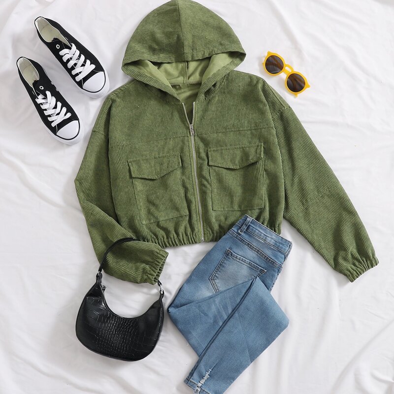 Flap Pocket Zip Up Corduroy Crop Jacket, Army green 
Flap Pocket Zip Up Corduroy Crop Jacket, Army green