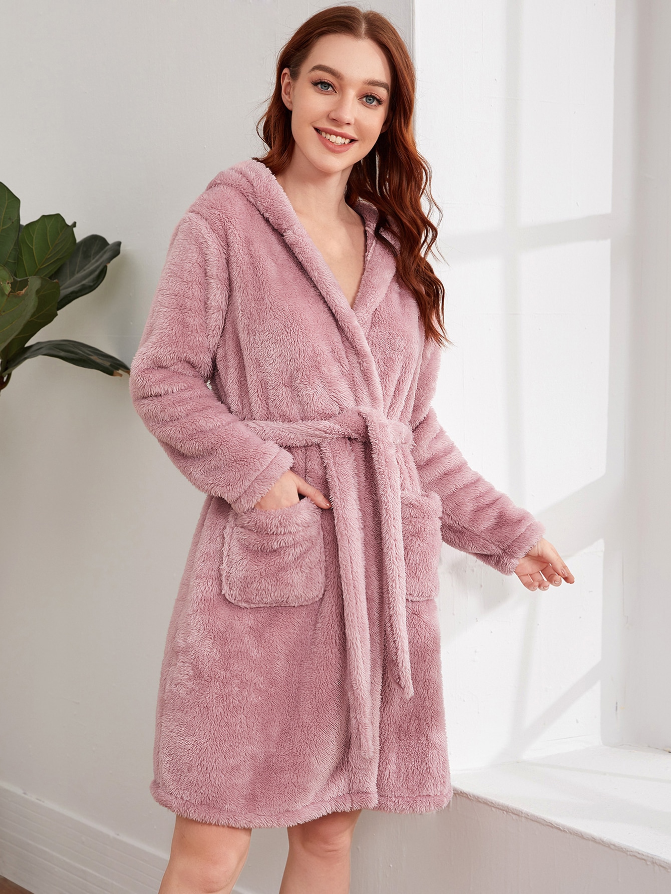 Dual Pocket Belted Plush Hooded Robe