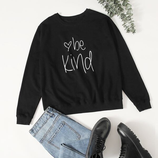 Plus Heart & Slogan Graphic Sweatshirt, Black