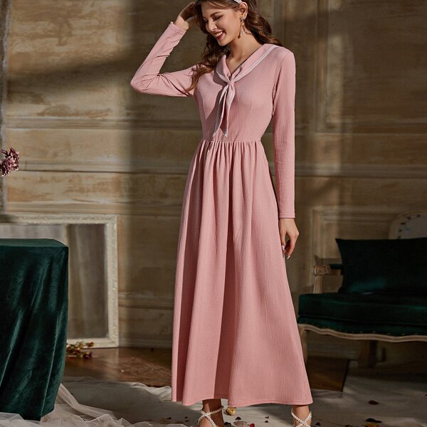 Sailor Neck A-line Dress, Dusty pink