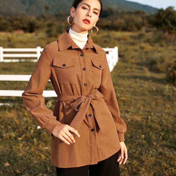 Solid Flap Pocket Belted Coat, Brown