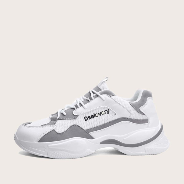 Men Lace-up Front Mesh Panel Chunky Sneakers, White