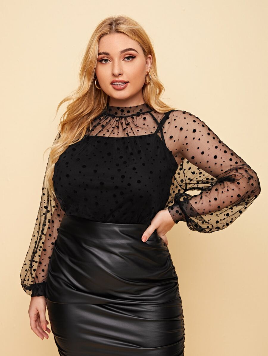 SHEIN Plus Flocked Polka Dot Sheer Mesh Top