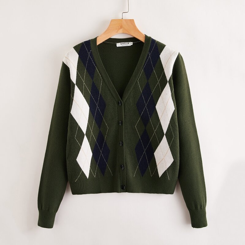 Argyle Button Front Cardigan, Dark green 
Argyle Button Front Cardigan, Dark green