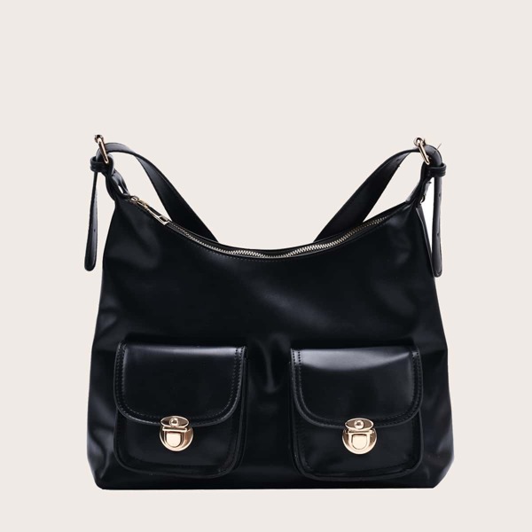 Minimalist Push Lock Hobo Bag, Black