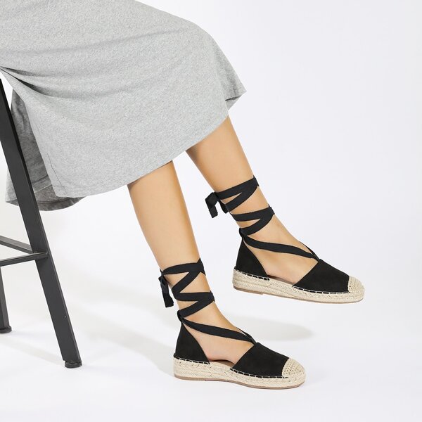 Minimalist Tie Leg Espadrille Flats, Black