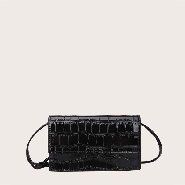 Girls Croc Embossed Flap Crossbody Bag, Black