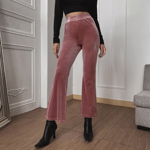 Elastic Waist Flare Leg Velvet Pants, Redwood