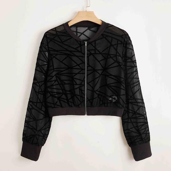 Plus Zip Up Geo Mesh Bomber Jacket, Black
