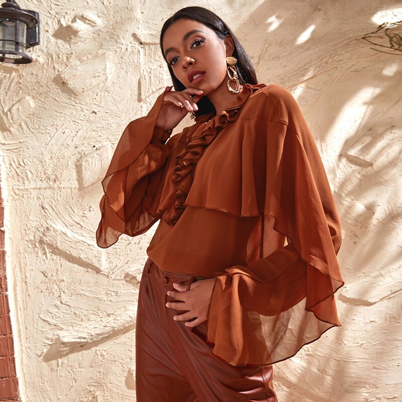 Ruffle Neck Flounce Sleeve Blouse, Brown 
Ruffle Neck Flounce Sleeve Blouse, Brown