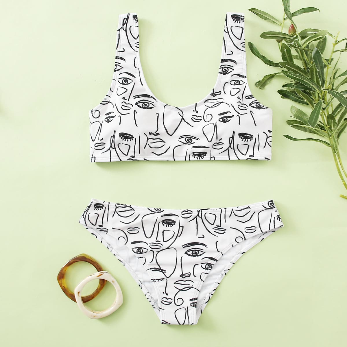 Abstract Face Print Tank Bikini Swimsuit, Black and white 
Abstract Face Print Tank Bikini Swimsuit, Black and white