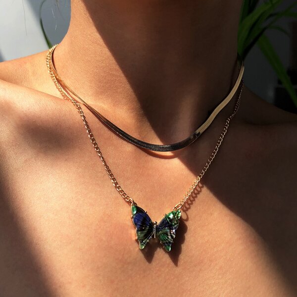 Butterfly Charm Layered Necklace, Gold