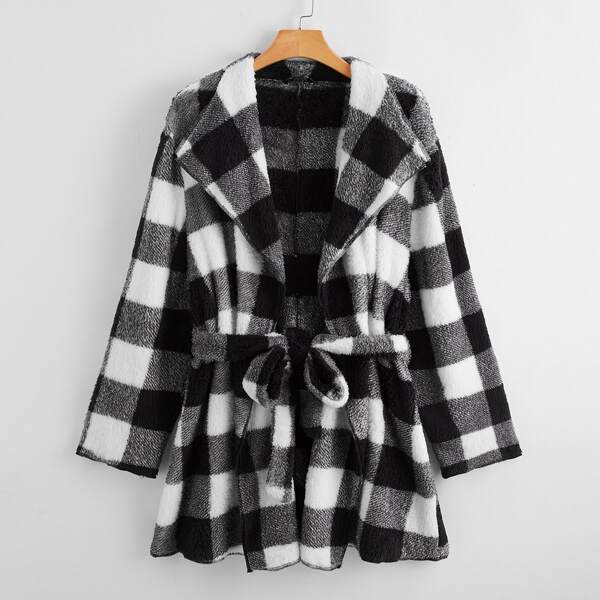 Plus Buffalo Plaid Belted Teddy Coat, Black and white