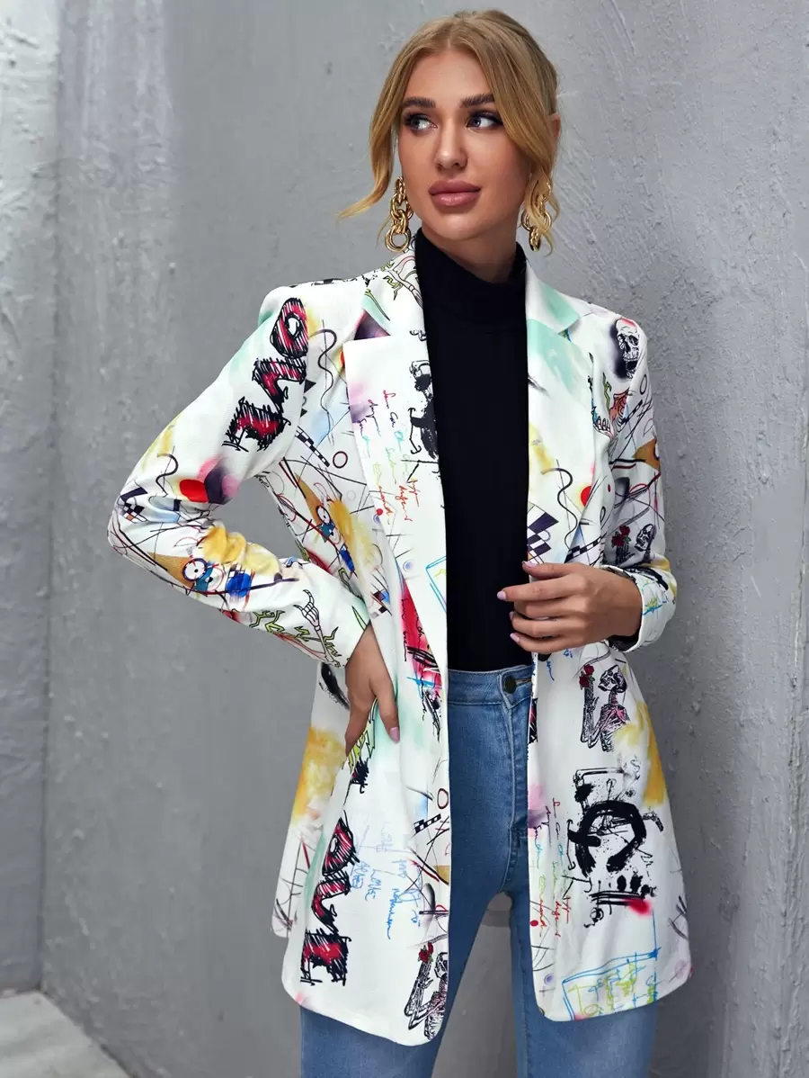 SHEIN Notched Collar Single Button Pop Art Print Blazer