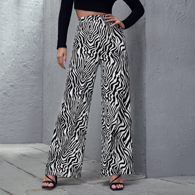 Elastic Waist Zebra Striped Palazzo Pants, Black and white 
Elastic Waist Zebra Striped Palazzo Pants, Black and white