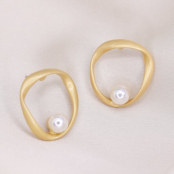 Faux Pearl Stud Earrings, Gold