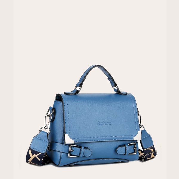 Double Buckle Decor Flap Satchel Bag, Blue