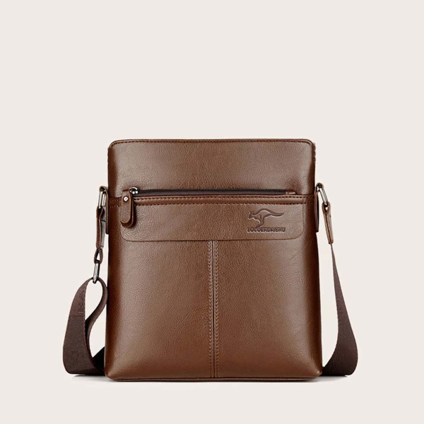Men Letter & kangaroo Embossed Crossbody Bag, Brown