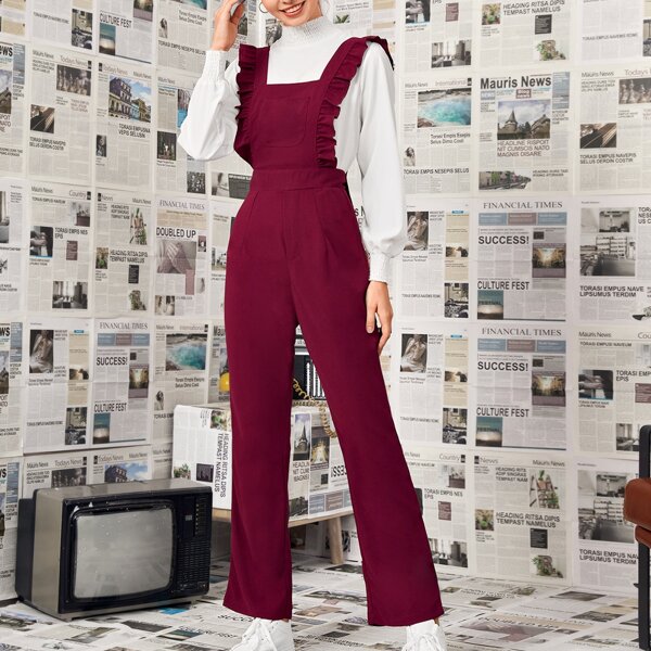 Ruffle Trim Pocket Front Jumpsuit, Maroon