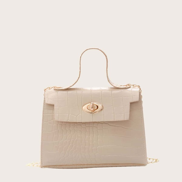 Girls Croc Embossed Flap Satchel Bag, Beige