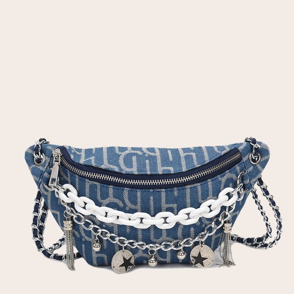 Metal Tassel Decor Chain Fanny Pack, Blue