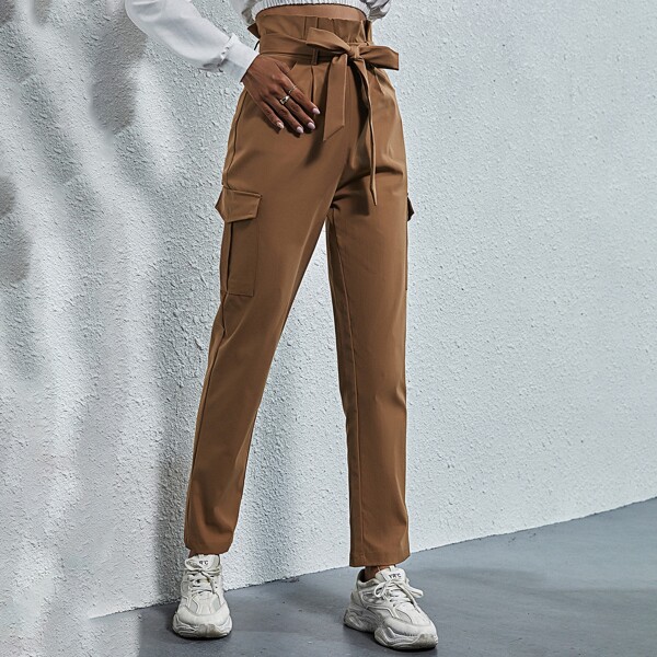 Paperbag Waist Belted Solid Pants, Camel